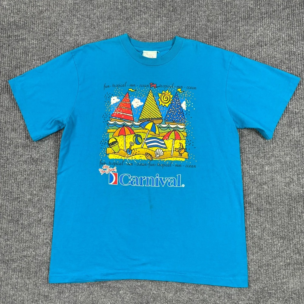 Vintage Carnival Cruise Fun Ships T-Shirt Mens 2XL Beach Sailboat Graphic Blue